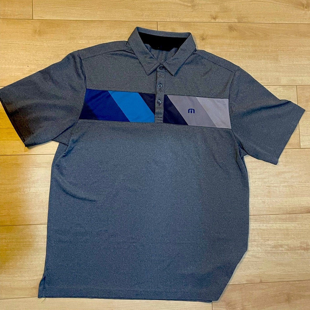 Travis Mathew Men’s Polo - Size Large - Gently Worn - Dark Grey w/ Blue stripe